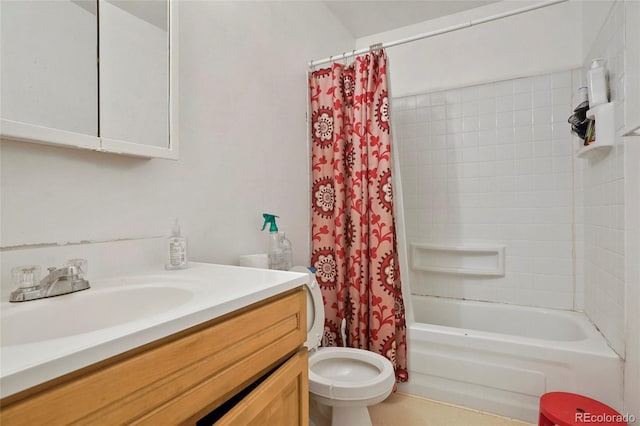 full bathroom featuring vanity, shower / bath combo, and toilet