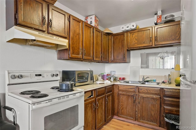 kitchen with sink, white range with electric stovetop, and light hardwood / wood-style floors