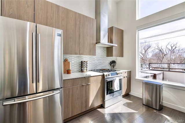 kitchen featuring stainless steel appliances, light hardwood / wood-style flooring, backsplash, and wall chimney exhaust hood