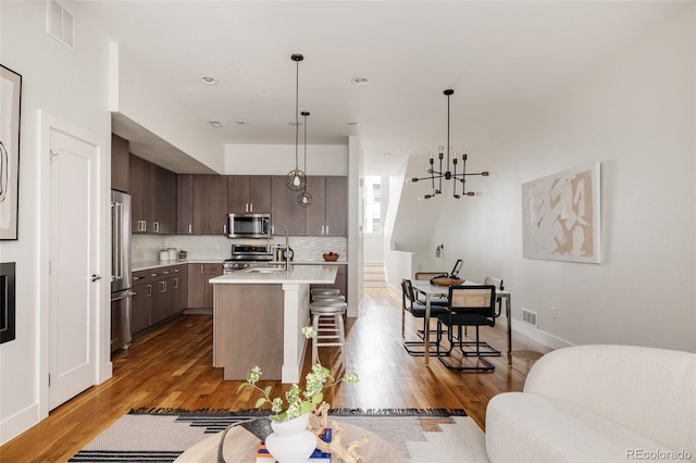 3308 W 17th Ave, Denver, CO 80204 - kitchen featuring stainless steel appliances, light countertops, dark brown cabinetry, backsplash, and an island with sink