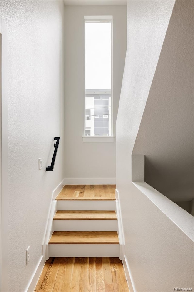 3308 W 17th Ave, Denver, CO 80204 - staircase featuring wood finished floors and baseboards