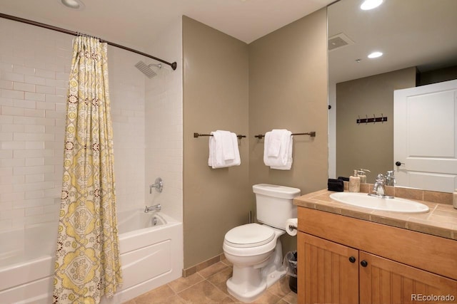 bathroom featuring shower / tub combo, visible vents, toilet, tile patterned floors, and vanity