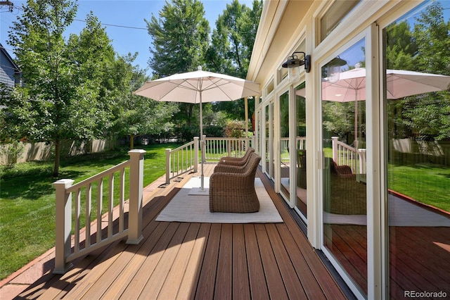 wooden terrace with a lawn