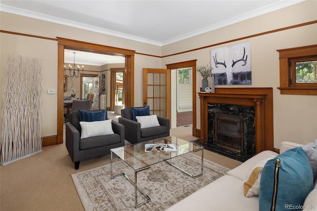 carpeted living room with crown molding, plenty of natural light, and a premium fireplace