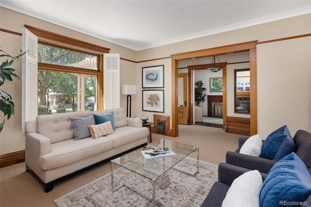 carpeted living room featuring crown molding