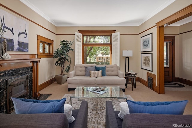 living room featuring carpet, a fireplace, and ornamental molding