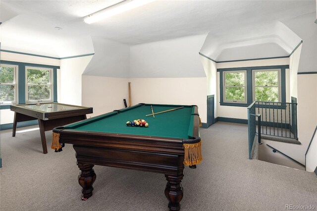 recreation room featuring vaulted ceiling, light carpet, plenty of natural light, and pool table