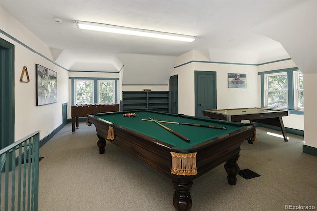 rec room featuring billiards, lofted ceiling, and carpet flooring