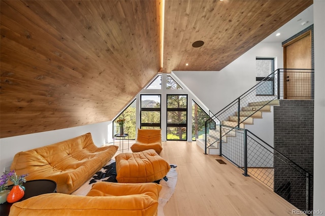 365 Bow Mountain Rd, Boulder, CO 80302 - sitting room with wooden ceiling, wood-type flooring, lofted ceiling, and recessed lighting