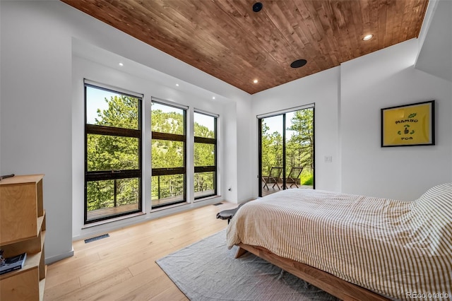 365 Bow Mountain Rd, Boulder, CO 80302 - bedroom with wooden ceiling, access to exterior, light wood finished floors, and recessed lighting