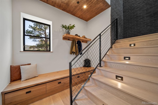 365 Bow Mountain Rd, Boulder, CO 80302 - stairway featuring wood finished floors and wooden ceiling