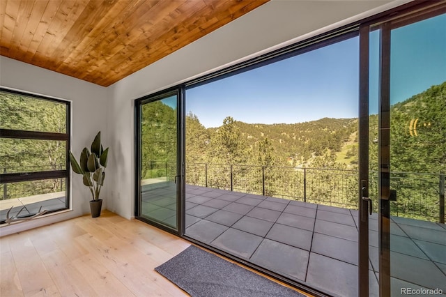 365 Bow Mountain Rd, Boulder, CO 80302 - entryway featuring a mountain view, wood finished floors, and wood ceiling