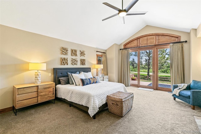 carpeted bedroom featuring access to exterior, ceiling fan, baseboards, and lofted ceiling