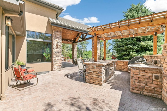 view of patio featuring area for grilling, outdoor dining space, a grill, and a pergola