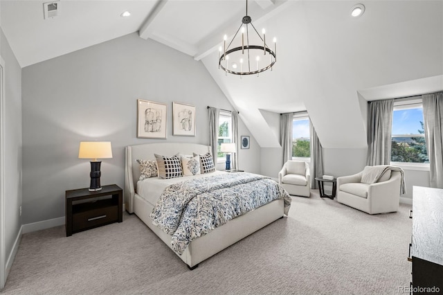 5698 Green Oaks Dr, Greenwood Village, CO 80121 - carpeted bedroom with multiple windows, beam ceiling, a chandelier, baseboards, and high vaulted ceiling