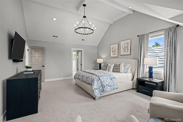 5698 Green Oaks Dr, Greenwood Village, CO 80121 - bedroom featuring light colored carpet, a chandelier, beam ceiling, multiple windows, and baseboards
