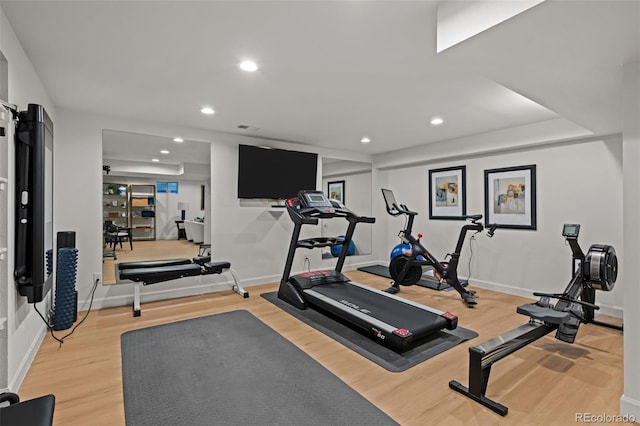 5698 Green Oaks Dr, Greenwood Village, CO 80121 - exercise room with light wood-style floors, recessed lighting, and baseboards