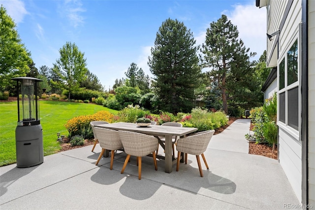 5698 Green Oaks Dr, Greenwood Village, CO 80121 - view of patio featuring outdoor dining space and view of wooded area