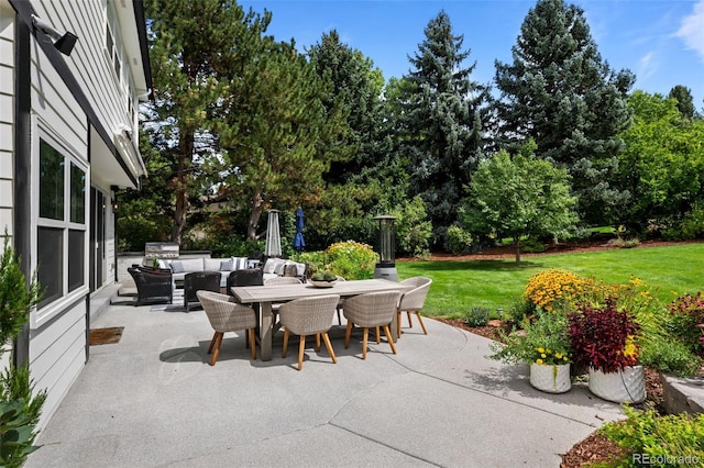 5698 Green Oaks Dr, Greenwood Village, CO 80121 - view of patio / terrace with outdoor dining area, view of scattered trees, outdoor lounge area, and area for grilling