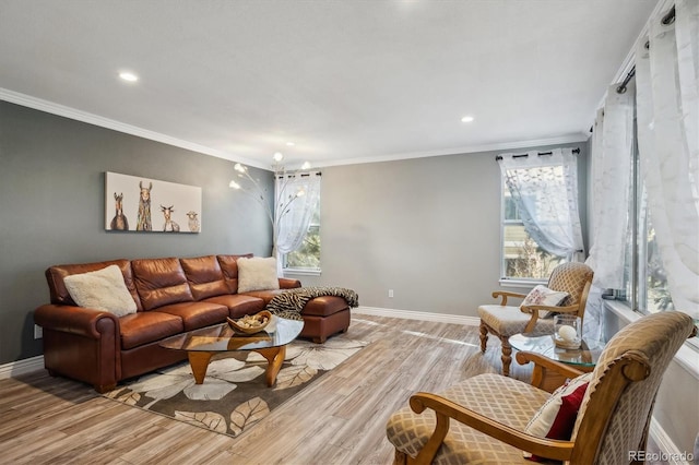 living room featuring ornamental molding and light hardwood / wood-style flooring