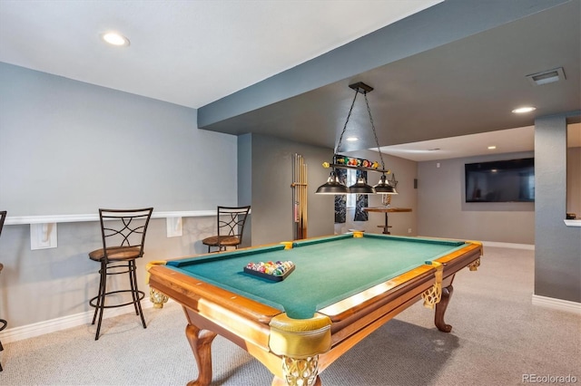 game room with pool table and carpet