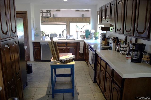 kitchen featuring stainless steel appliances, sink, and dark brown cabinets