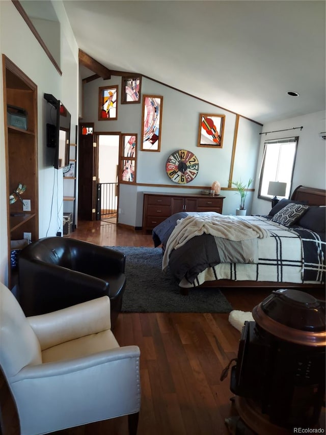 bedroom with vaulted ceiling with beams and dark wood-type flooring