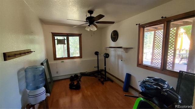 exercise room with ceiling fan, hardwood / wood-style floors, and a textured ceiling