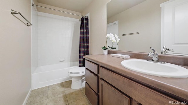 bathroom with vanity, toilet, shower / tub combo, and tile patterned flooring