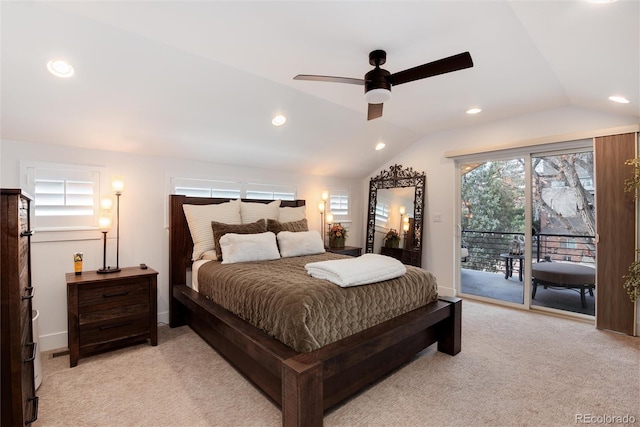 bedroom featuring light carpet, vaulted ceiling, recessed lighting, and access to outside