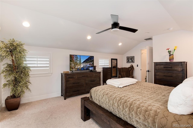 carpeted bedroom featuring visible vents, recessed lighting, lofted ceiling, and ceiling fan