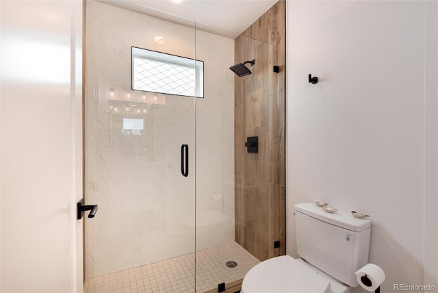 full bathroom featuring a shower stall and toilet