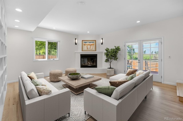 11241 E Cimmarron Dr, Englewood, CO 80111 - living room featuring a glass covered fireplace, healthy amount of natural light, recessed lighting, and light wood finished floors