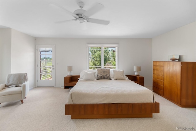 11241 E Cimmarron Dr, Englewood, CO 80111 - bedroom with light carpet, access to exterior, and ceiling fan