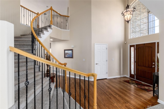 entrance foyer with a high ceiling, a healthy amount of sunlight, baseboards, and wood finished floors