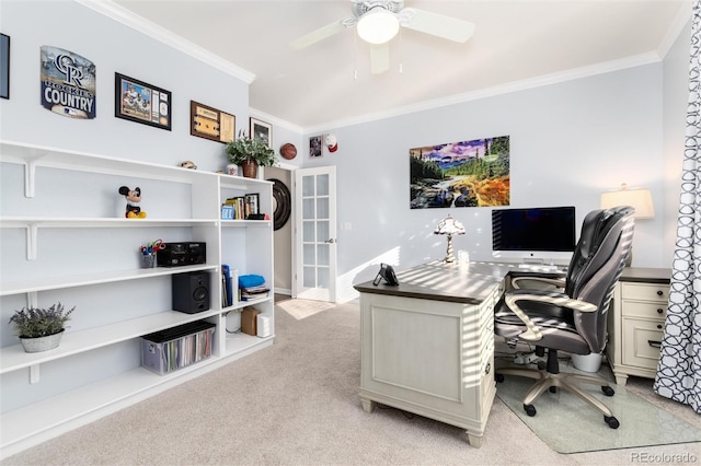 office with ornamental molding, french doors, light carpet, and ceiling fan