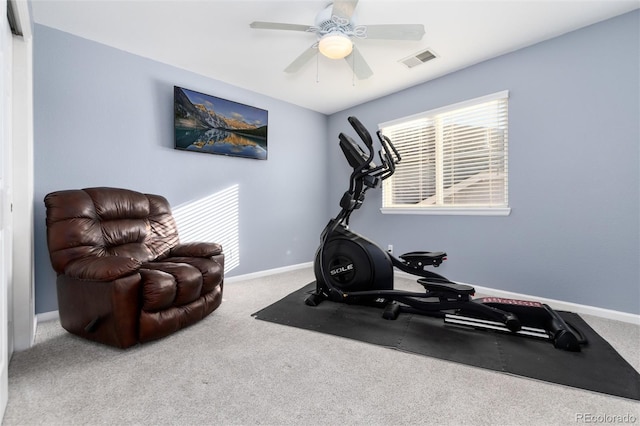 exercise area with carpet floors, a ceiling fan, visible vents, and baseboards