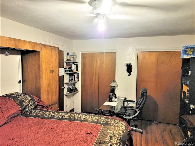 bedroom featuring two closets, wood finished floors, and ceiling fan