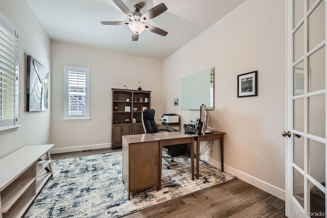 4536 Shady Path Ln, Castle Rock, CO 80104 - office featuring wood finished floors, ceiling fan, and baseboards