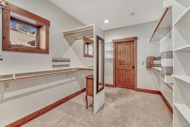 spacious closet featuring light colored carpet