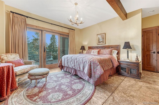 bedroom featuring beamed ceiling, an inviting chandelier, and access to outside