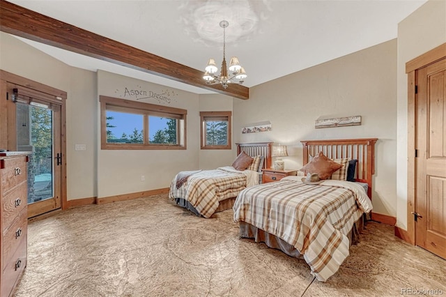 bedroom with beam ceiling, access to outside, and a chandelier