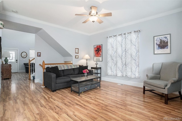 living room with ornamental molding, ceiling fan, and light wood-type flooring