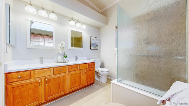 1229 Berganot Trl, Castle Pines, CO 80108 - full bathroom with toilet, double vanity, an enclosed shower, crown molding, and tile patterned floors