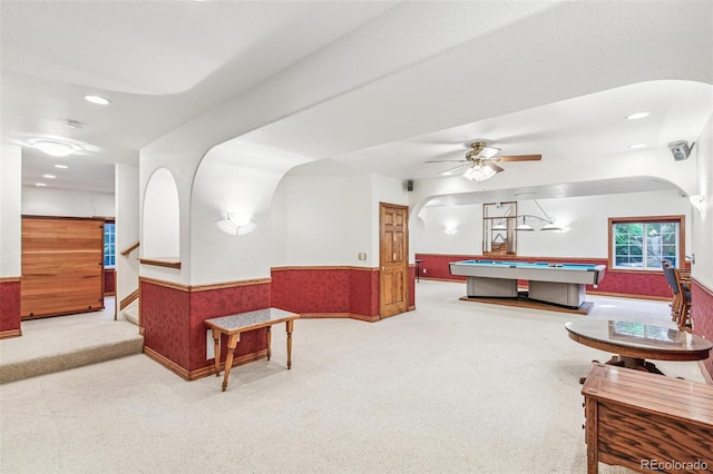 942 Xenon Ct, Golden, CO 80401 - game room with arched walkways, carpet floors, wainscoting, billiards, and recessed lighting