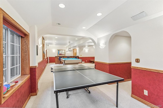 942 Xenon Ct, Golden, CO 80401 - rec room featuring arched walkways, a wainscoted wall, recessed lighting, and billiards