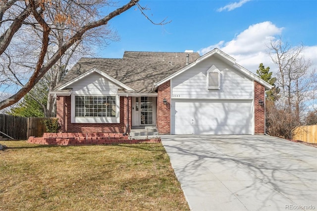 single story home with brick siding, concrete driveway, a front yard, fence, and a garage