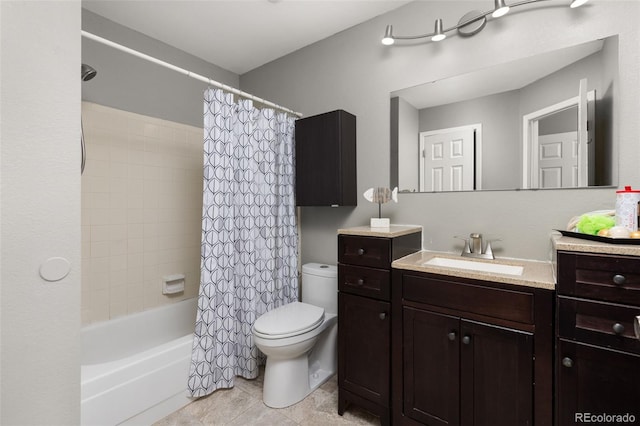 full bathroom with tile patterned floors, vanity, toilet, and shower / tub combo with curtain