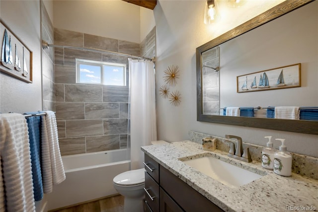 163 Minstrel Dr, Divide, CO 80814 - full bath featuring wood finished floors, toilet, vanity, and shower / tub combo with curtain