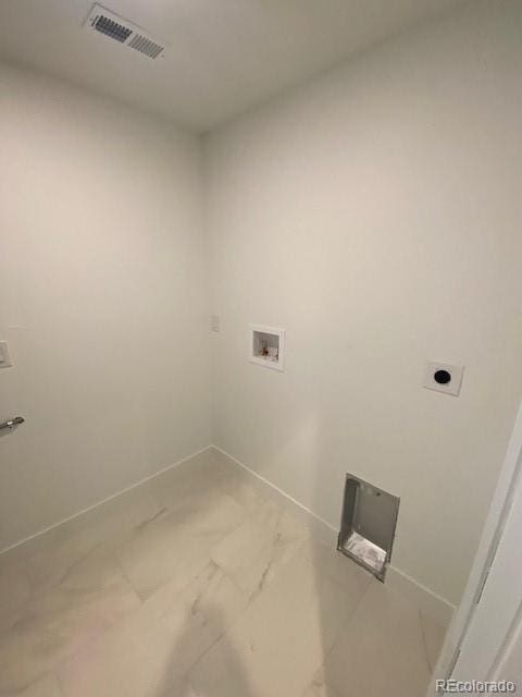 laundry area with washer hookup, marble finish floor, visible vents, hookup for an electric dryer, and laundry area